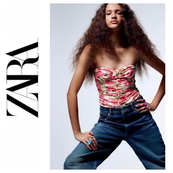 NWT Zara Blogger’s Favorite Floral Draped Sweetheart Neckline Strapless Bodysuit - Picture 1 of 16
